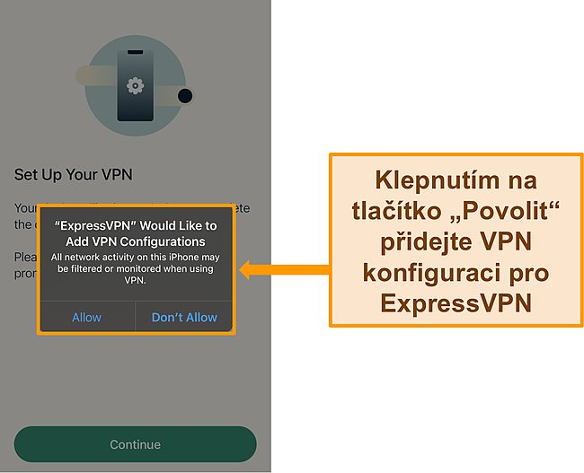 Sn&iacute;mek obrazovky aplikace ExpressVPN pro iOS vyžaduj&iacute;c&iacute; povolen&iacute; k povolen&iacute; konfigurac&iacute; VPN.