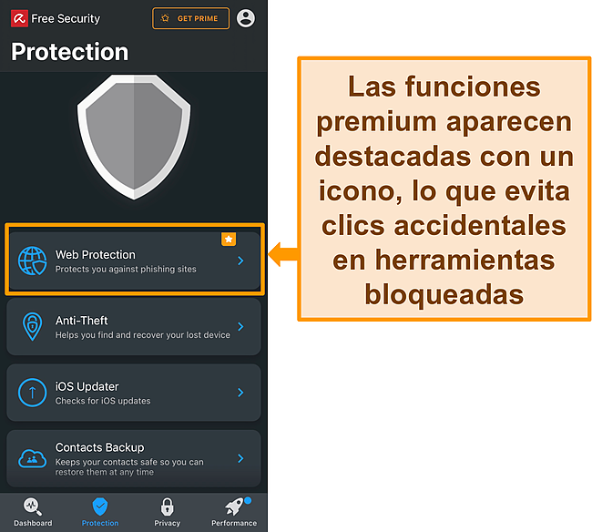 Captura de pantalla de la aplicaci&oacute;n iOS de Avira con el icono de funci&oacute;n premium resaltado.