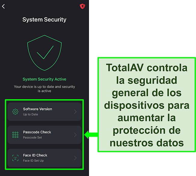 Captura de pantalla de la aplicaci&oacute;n iOS de TotalAV con la funci&oacute;n de seguridad del sistema abierta y las herramientas de seguridad resaltadas.
