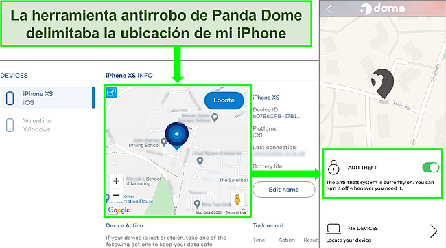 Captura de pantalla de la herramienta antirrobo de Panda activa en la aplicaci&oacute;n iOS con la ubicaci&oacute;n precisa que se muestra en el sitio web de ubicaci&oacute;n del dispositivo de Panda.