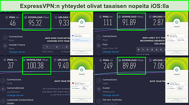 Kuvakaappaus Ooklan nopeustestist&auml; ExpressVPN: n iOS -sovelluksella, joka on yhdistetty useisiin palvelimiin maailmanlaajuisesti.