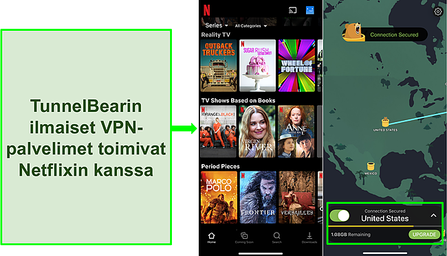 Kuvakaappaus TunnelBearista, joka on yhdistetty yhdysvaltalaiseen palvelimeen Netflixin kanssa ja joka n&auml;ytt&auml;&auml; vain Yhdysvalloille tarkoitettua sis&auml;lt&ouml;&auml;.