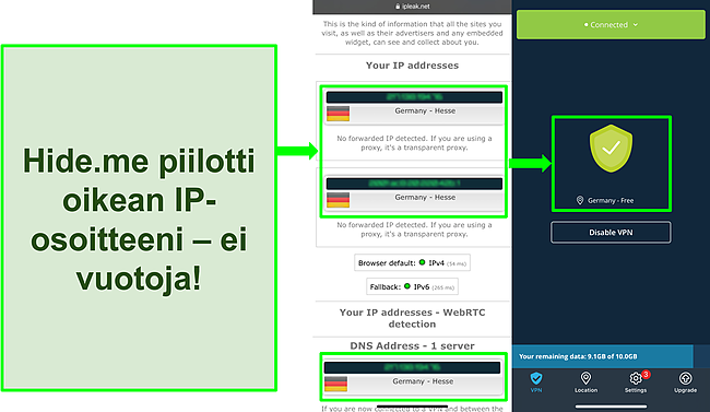 Kuvakaappaus IP -vuototestist&auml;, joka n&auml;ytt&auml;&auml; saksalaiset sijainnit ja hide.me on yhdistetty saksalaiseen palvelimeen.