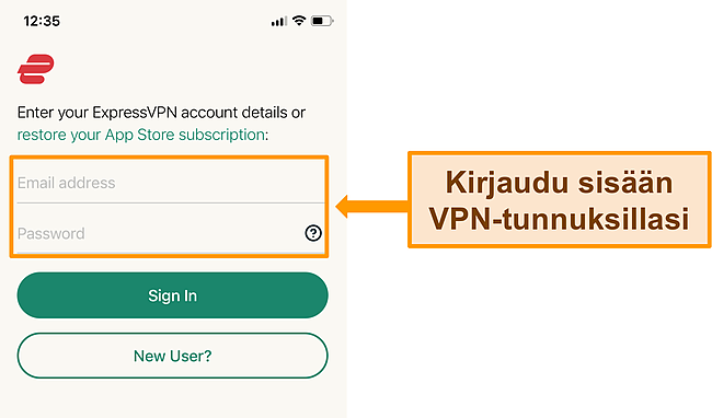 Kuvakaappaus ExpressVPN: n iPhone -sovelluksesta kirjautumisn&auml;yt&ouml;ss&auml;.