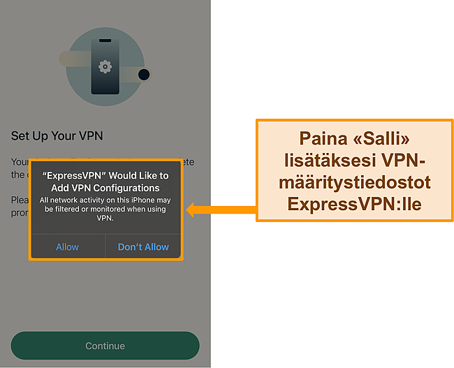 Kuvakaappaus ExpressVPN: n iOS -sovelluksesta, joka pyyt&auml;&auml; lupaa sallia VPN -m&auml;&auml;ritykset.