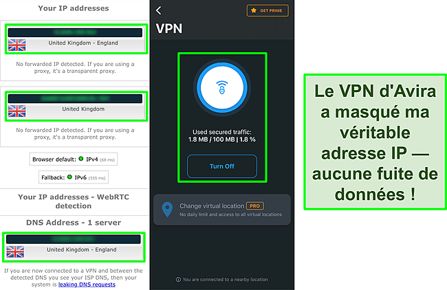 Capture d'&eacute;cran du VPN d'Avira connect&eacute; avec les r&eacute;sultats d'un test de fuite IP ne montrant aucune fuite de donn&eacute;es.