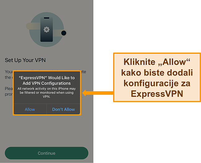 Snimka zaslona aplikacije ExpressVPN za iOS koja traži dopu&scaron;tenje za dopu&scaron;tanje VPN konfiguracija.