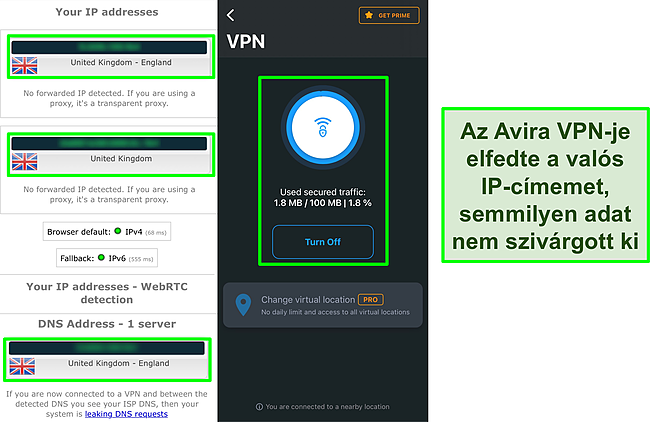 K&eacute;pernyők&eacute;p az Avira VPN-j&eacute;ről egy IP-sziv&aacute;rg&aacute;si teszt eredm&eacute;nyeivel kapcsolatban, amely nem mutat adatsziv&aacute;rg&aacute;st.