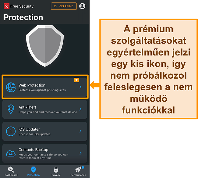 K&eacute;pernyők&eacute;p az Avira iOS-alkalmaz&aacute;s&aacute;r&oacute;l a kiemelt funkci&oacute; ikonj&aacute;val.