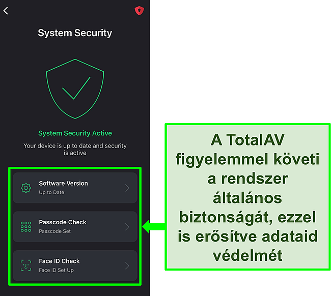 K&eacute;pernyők&eacute;p a TotalAV iOS-alkalmaz&aacute;s&aacute;r&oacute;l a System Security funkci&oacute; megnyit&aacute;s&aacute;val &eacute;s a biztons&aacute;gi eszk&ouml;z&ouml;k kiemel&eacute;s&eacute;vel.