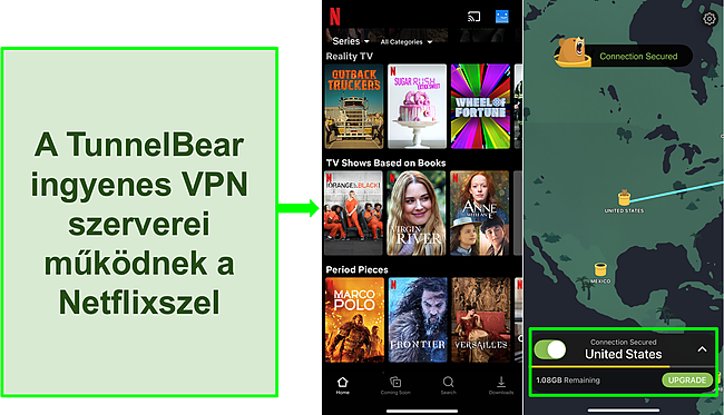 K&eacute;pernyők&eacute;p az TunnelBear-ről, amely egy amerikai szerverhez csatlakozik a Netflix-szel, &eacute;s csak az Egyes&uuml;lt &Aacute;llamokban tal&aacute;lhat&oacute; tartalmat mutat.