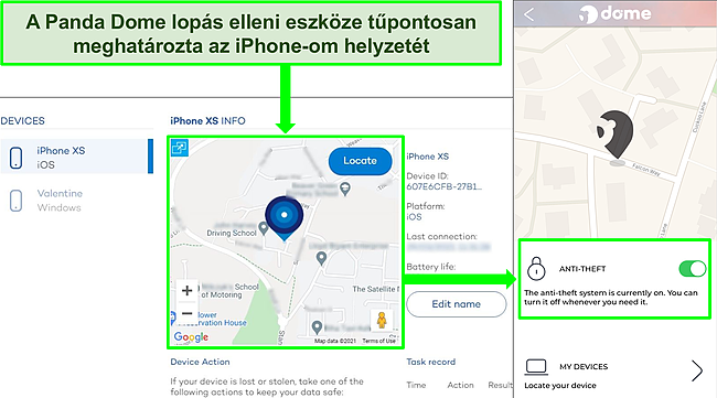 K&eacute;pernyők&eacute;p a Panda lop&aacute;sg&aacute;tl&oacute; eszk&ouml;z&eacute;ről, amely akt&iacute;v az iOS alkalmaz&aacute;sban, a pontos helymegjelen&iacute;t&eacute;ssel a Panda eszk&ouml;zhely&eacute;nek webhely&eacute;n.