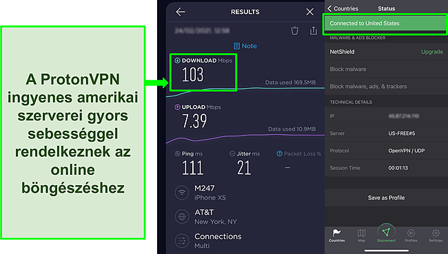K&eacute;pernyők&eacute;p az Ookla sebess&eacute;gteszt eredm&eacute;ny&eacute;ről, amikor az egyik Proton VPN ingyenes amerikai szerverhez csatlakozik.