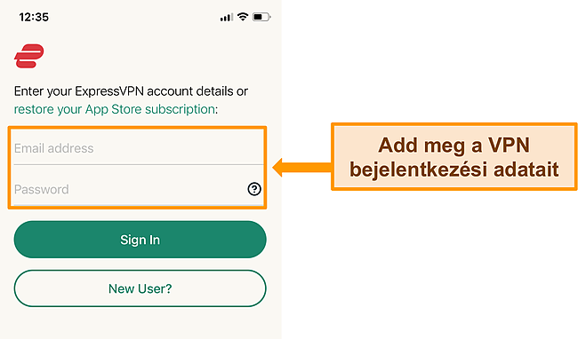 K&eacute;pernyők&eacute;p az ExpressVPN iPhone alkalmaz&aacute;s&aacute;r&oacute;l a bejelentkez&eacute;si k&eacute;pernyőn.