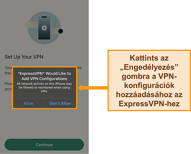K&eacute;pernyők&eacute;p az ExpressVPN iOS -alkalmaz&aacute;s&aacute;r&oacute;l, amely enged&eacute;lyt k&eacute;r a VPN -konfigur&aacute;ci&oacute;k enged&eacute;lyez&eacute;s&eacute;hez.