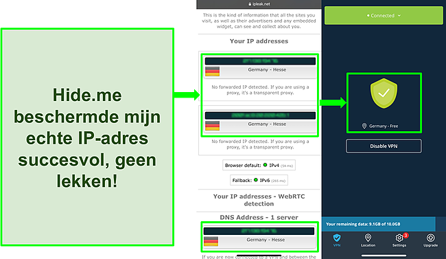 Screenshot van IP-lektest met Duitse locaties met hide.me verbonden met een Duitse server.