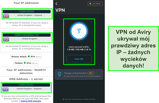 Zrzut ekranu VPN Aviry połączony z wynikami testu wycieku IP pokazujący brak wyciek&oacute;w danych.