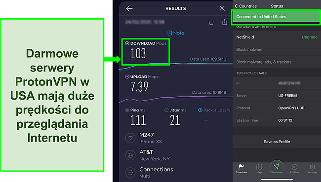 Zrzut ekranu z wynikiem testu prędkości Ookla po podłączeniu do jednego z bezpłatnych serwer&oacute;w Proton VPN w USA.