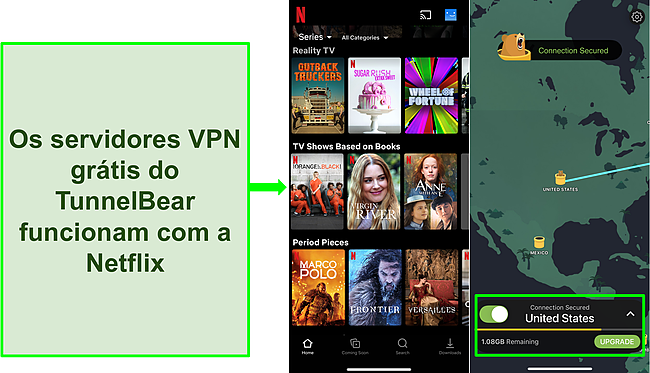 Captura de tela do TunnelBear conectado a um servidor dos EUA com Netflix exibindo conte&uacute;do apenas dos EUA.