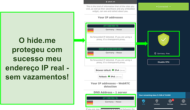 Captura de tela do teste de vazamento de IP mostrando locais alem&atilde;es com hide.me conectado a um servidor alem&atilde;o.