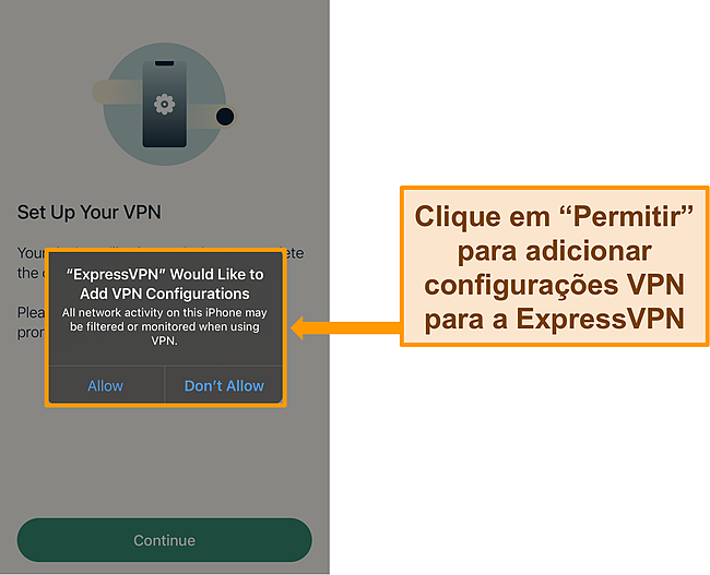 Captura de tela do aplicativo iOS da ExpressVPN solicitando permiss&atilde;o para permitir configura&ccedil;&otilde;es de VPN.