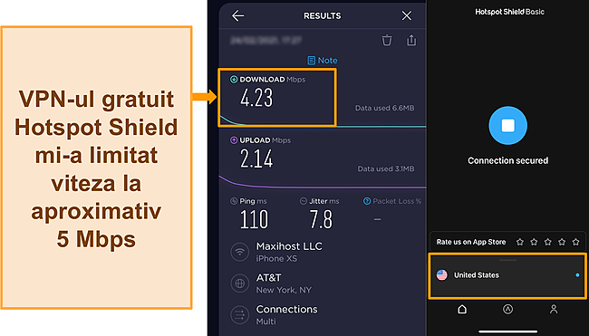 Captură de ecran a testului de viteză Ookla cu Hotspot Shield conectat la un server din SUA.