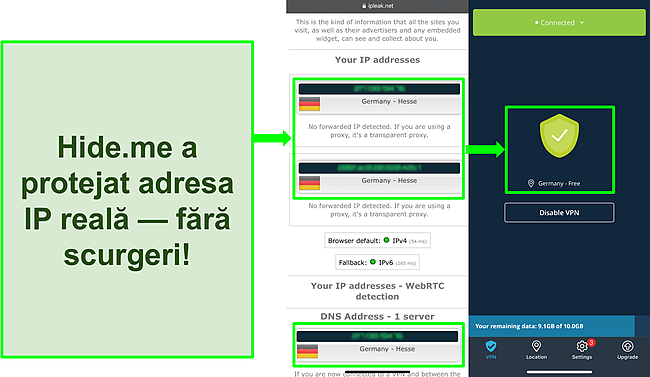 Captură de ecran a testului de scurgere IP care arată locațiile germane cu hide.me conectat la un server german.