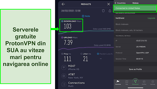 Captură de ecran a rezultatului testului de viteză Ookla atunci c&acirc;nd este conectat la unul dintre serverele americane gratuite Proton VPN.