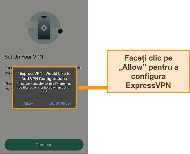 Captură de ecran a aplicației iOS ExpressVPN care solicită permisiunea de a permite configurații VPN.