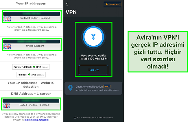 Avira'nın VPN'sinin, hi&ccedil;bir veri sızıntısı g&ouml;stermeyen bir IP sızıntı testinin sonu&ccedil;larıyla bağlantılı ekran g&ouml;r&uuml;nt&uuml;s&uuml;.