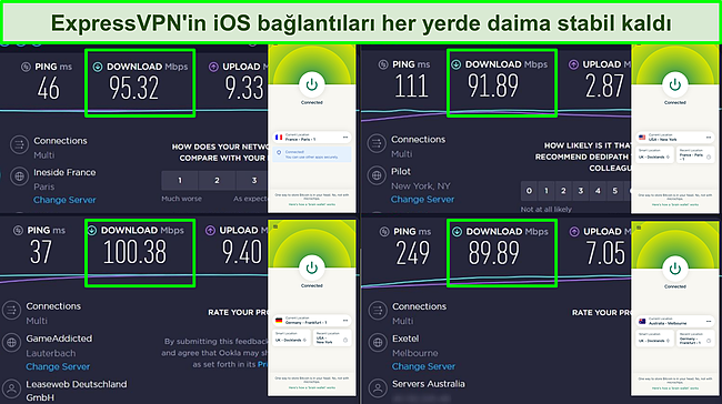 ExpressVPN'in iOS uygulamasıyla d&uuml;nya &ccedil;apında birden &ccedil;ok sunucuya bağlı Ookla hız testinin ekran g&ouml;r&uuml;nt&uuml;s&uuml;.