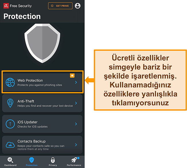 Avira'nın iOS uygulamasının premium &ouml;zellik simgesinin vurgulandığı ekran g&ouml;r&uuml;nt&uuml;s&uuml;.