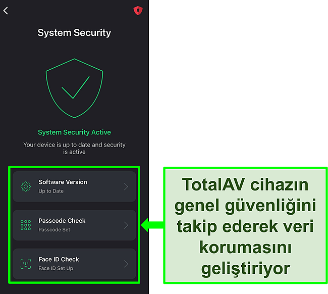 Sistem G&uuml;venliği &ouml;zelliği a&ccedil;ık ve g&uuml;venlik ara&ccedil;ları vurgulanmış halde TotalAV'ın iOS uygulamasının ekran g&ouml;r&uuml;nt&uuml;s&uuml;.