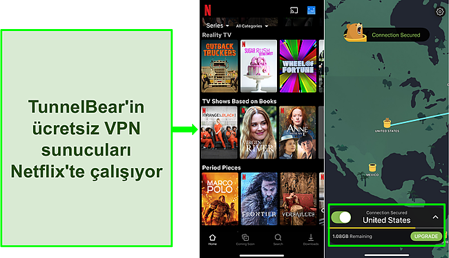 Netflix'in yalnızca ABD i&ccedil;eriğini g&ouml;sterdiği bir ABD sunucusuna bağlanan TunnelBear'ın ekran g&ouml;r&uuml;nt&uuml;s&uuml;.
