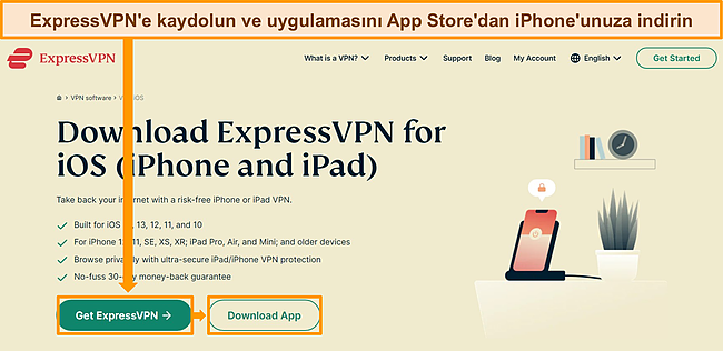 iOS i&ccedil;in abonelik ve indirme se&ccedil;enekleriyle ExpressVPN web sitesinin ekran g&ouml;r&uuml;nt&uuml;s&uuml;.
