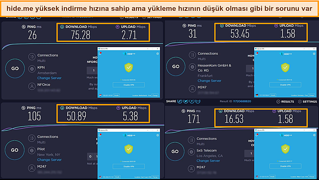 hide.me'nin Hollanda, Almanya ve ABD'deki hız testi sonu&ccedil;larının ekran g&ouml;r&uuml;nt&uuml;s&uuml;.