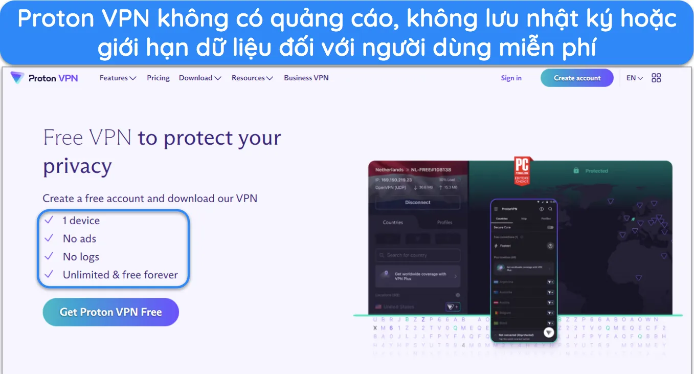 Ảnh chụp màn hình trang web chính thức của dịch vụ miễn phí Proton VPN.
