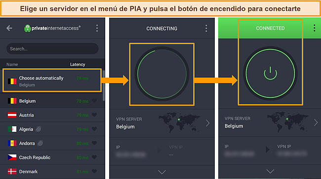 Capturas de pantalla de la aplicaci&oacute;n PIA para Windows con instrucciones para conectarse a un servidor.
