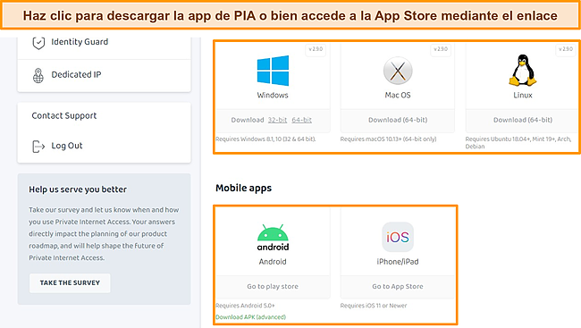 Captura de pantalla del Panel de control del cliente PIA con las descargas de aplicaciones disponibles resaltadas.