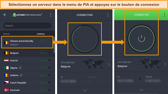 Captures d'&eacute;cran de l'application PIA Windows avec des instructions pour se connecter &agrave; un serveur.