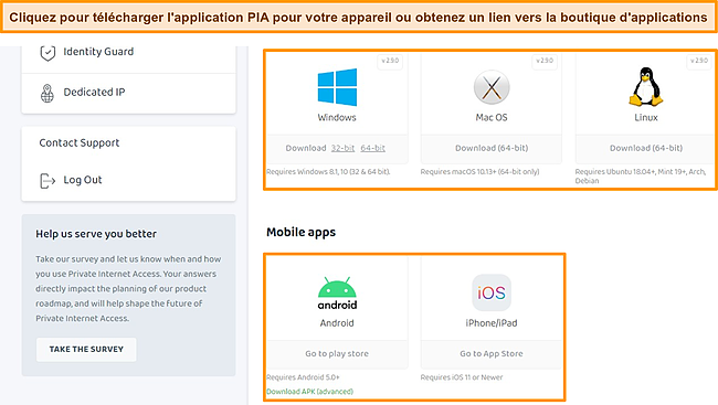 Capture d'&eacute;cran du panneau de configuration du client PIA avec les t&eacute;l&eacute;chargements d'applications disponibles en surbrillance.