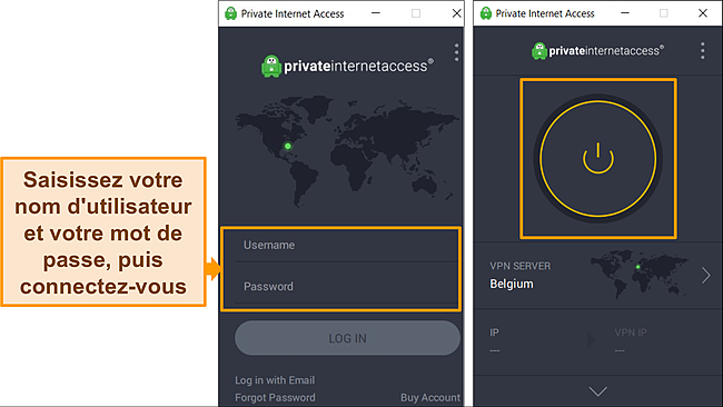 Capture d'&eacute;cran de l'application Windows de PIA sur l'&eacute;cran de connexion, avec le nom d'utilisateur et le mot de passe en surbrillance.