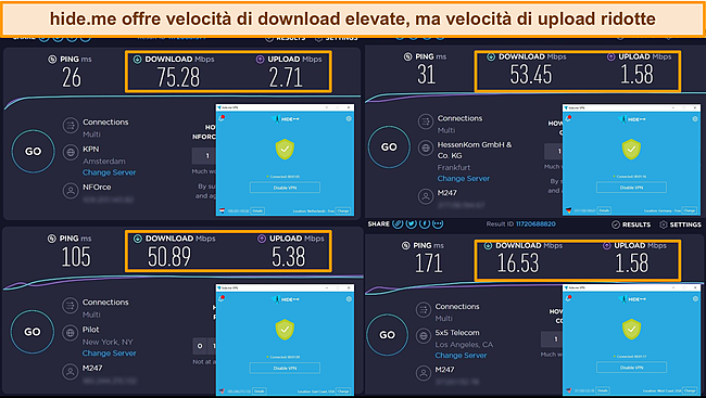Screenshot dei risultati del test di velocit&agrave; di hide.me in Paesi Bassi, Germania e Stati Uniti.