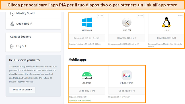 Screenshot del pannello di controllo del client PIA con i download di app disponibili evidenziati.