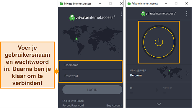 Screenshot van de Windows-app van PIA op het inlogscherm, met gebruikersnaam en wachtwoord gemarkeerd.