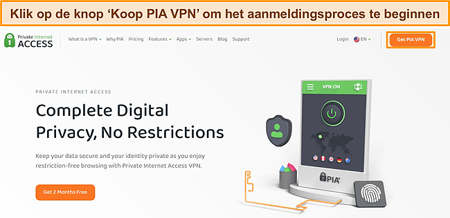 Screenshot van PIA-aanmeldingsproces.