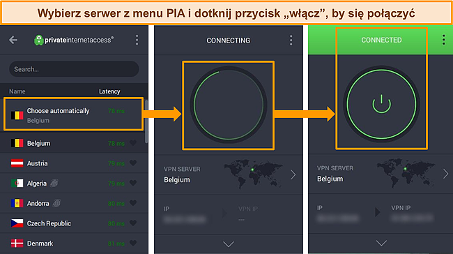 Zrzuty ekranu aplikacji PIA Windows z instrukcjami łączenia z serwerem.
