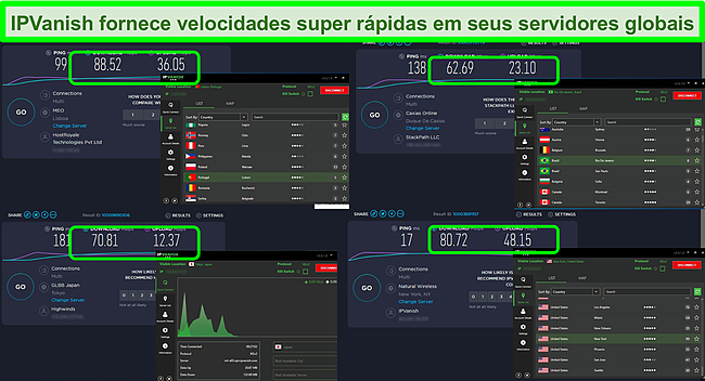 Captura de tela de 4 testes de velocidade enquanto conectado a v&aacute;rios servidores IPVanish.