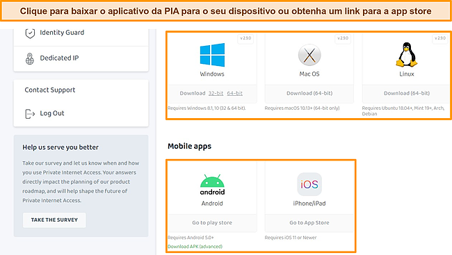 Captura de tela do painel de controle do cliente PIA com downloads de aplicativos dispon&iacute;veis em destaque.
