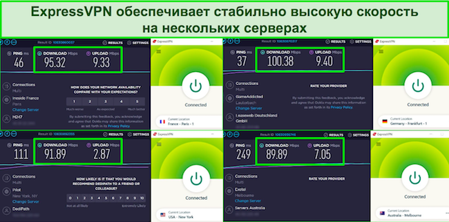 Снимки экрана ExpressVPN, подключенного к серверам во Франции, Германии, США и Австралии, с результатами теста скорости.